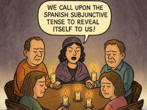 Cartoon of five people seated around a candlelit table like a séance, while a woman declares, ‘We call upon the Spanish subjunctive tense to reveal itself to us!’