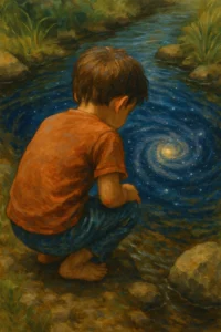 Painterly illustration of a young boy crouching barefoot beside a shallow stream, looking at a glowing spiral galaxy reflected in the water.