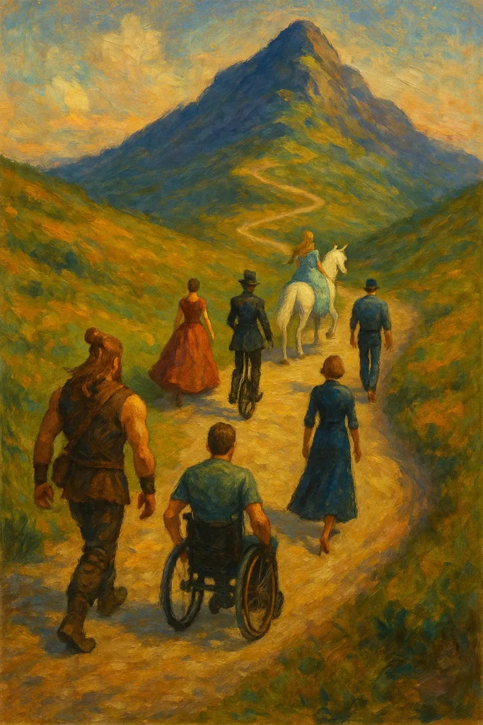 Painterly illustration of a diverse group traveling up a winding mountain path, including a rider on a white horse, a person in a wheelchair, and others walking toward the peak.