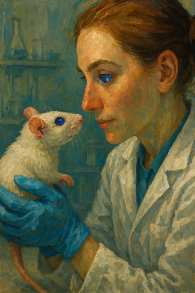 Painterly close-up of a scientist in a white lab coat and blue gloves holding a white laboratory rat as they look directly at one another, both with deep blue eyes.