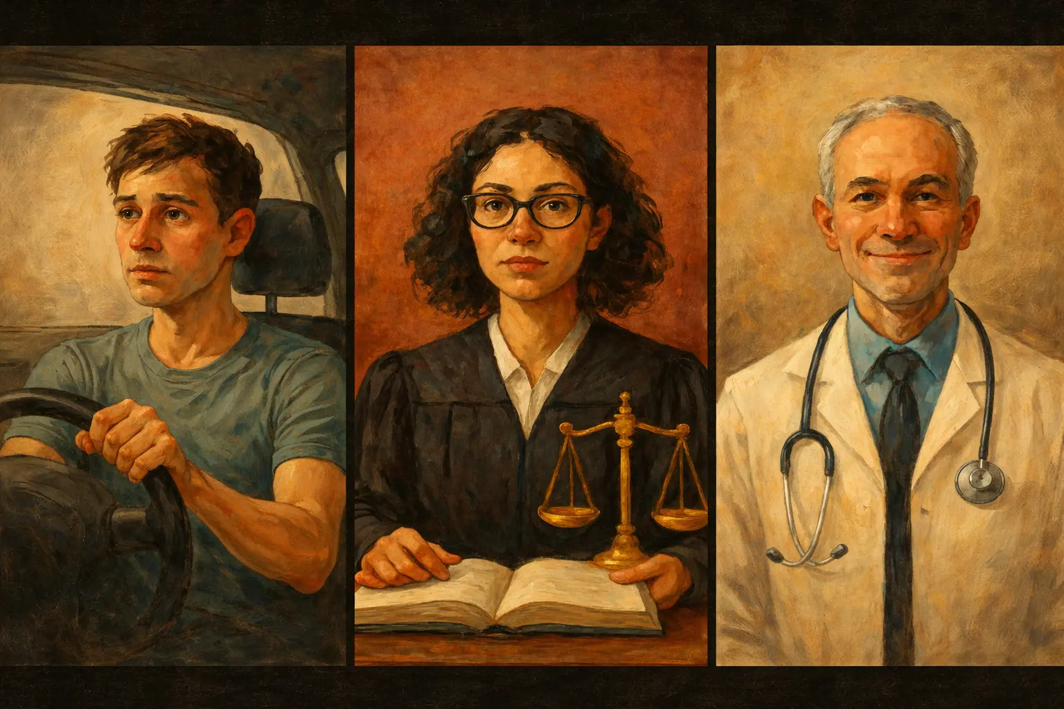Three-panel painterly illustration showing a young man driving, a judge seated behind scales and an open book, and a smiling doctor in a white coat with a stethoscope.