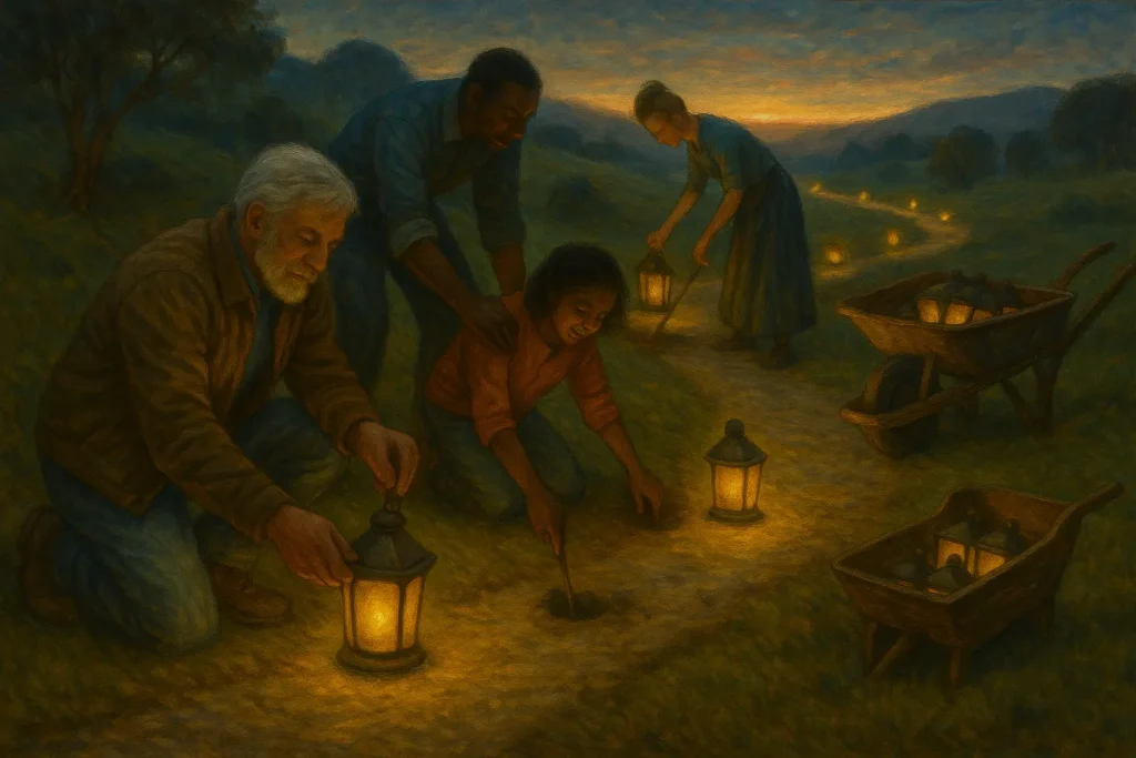 Group of people setting glowing lanterns along a path at dusk.