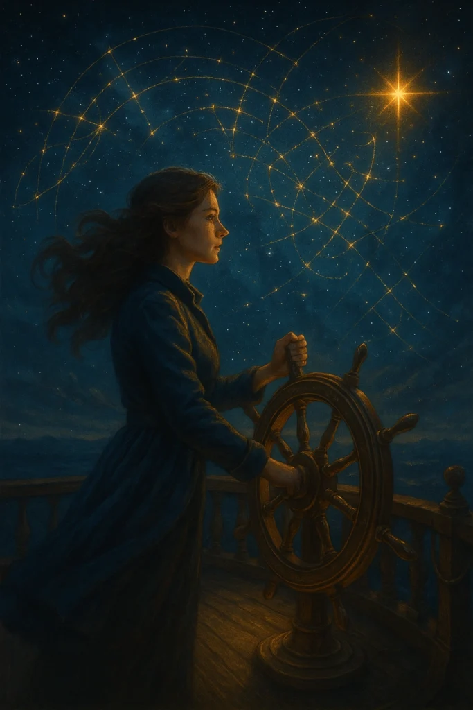 An illustration of a woman (an every person) navigating a schooner by the stars to demonstrate the capacity to connect your cognitive identity and purpose to your work and living.