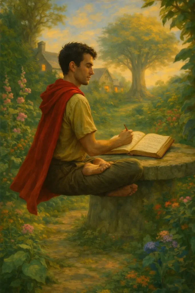 Young man in a red cape writing in a book at a stone table in a garden.