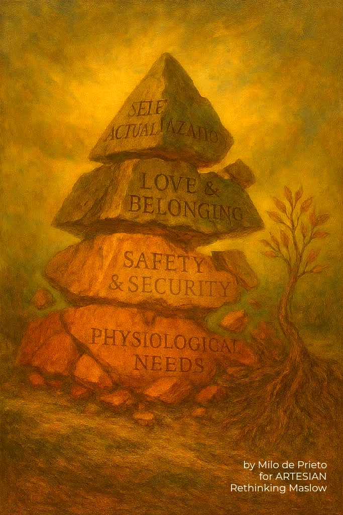A crumbling version of Maslow's pyramid with "physiological needs" on the bottom, "safety & security" above that, "love & belonging" above that, and "self actualization" on the top.
