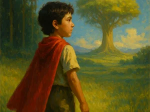 Young boy in a red cape standing in a grassy field, looking toward a large glowing tree.