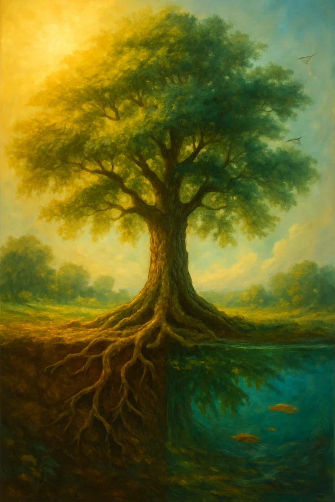 An illustration of a tree showing its roots, trunk, branches, and leaves in harmony with its surroundings of sun, soil, water, and air to illustrate that the brain is an ecosystem, not a machine or computer.
