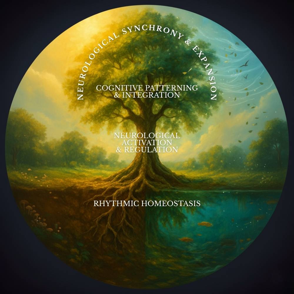 An illustration of a tree showing its roots below the ground and leaves above. The 4 neuroecological systems are described on them: The roots are "Rhythmic Homeostasis," The trunk is "Neurological Activation & Regulation System," the branches are "Cognitive Patterning & Integration System," and the leaves are, "Neurological Synchrony & Expansion System."