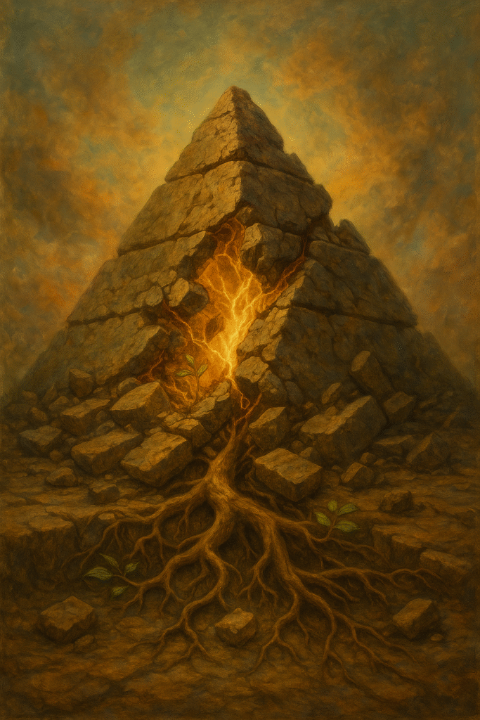 An illustration of a pyramid with roots tearing the stones apart. Inside grows a tree glowing with life. 