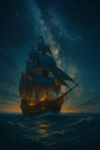 An illustration of a large sailing ship at sale at night to demonstrate how our minds are like ships always at sea, are we taking responsibility for the navigation when we need to?