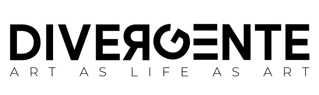 DIVERGENTE wordmark in black, featuring a reversed R, a rotated G, and a three-bar E, with the tagline ‘art as life as art’ beneath.