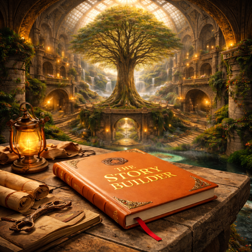 The Story Builder book within the Atrium of The Coherence Athenaeum, the visualization of Milo's Opus as a vast landscape of interconnected journeys.