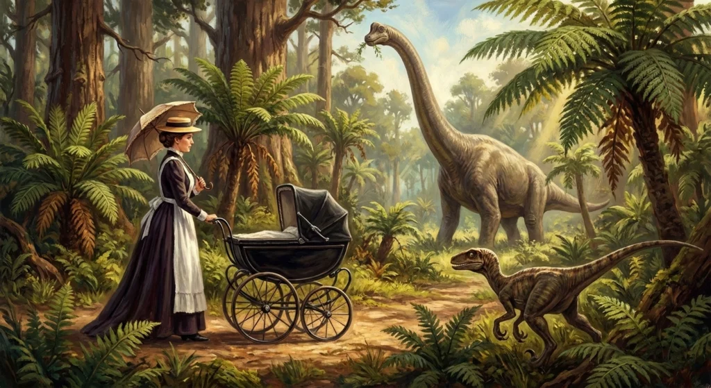 Victorian woman with a pram in a lush prehistoric forest, facing a towering long-neck dinosaur while a smaller dinosaur watches from the foreground.