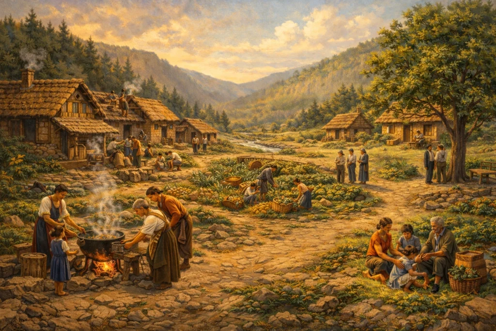 A rustic mountain village where families cook, garden, talk, and gather together in a sunlit communal landscape.