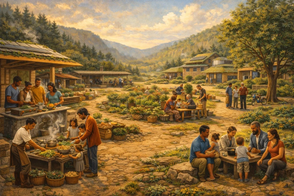 A contemporary eco-village with diverse families cooking, gardening, talking, and sharing meals in a mountain valley.