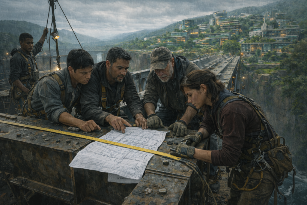 An image of a team of diverse ages and identities collaborating to build a span bridge across a gorge to an ecological district of a city across the way.