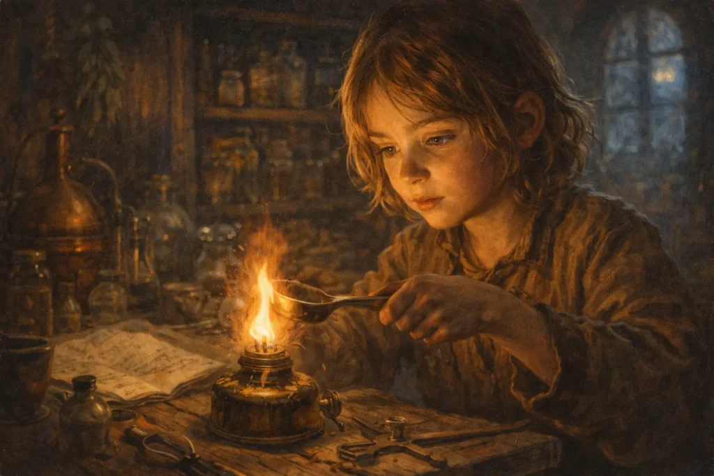 A child in a dim workshop holds a spoon over a small flame, surrounded by bottles, tools, and papers.