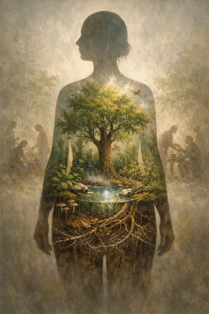 A human silhouette contains a glowing tree, pond, roots, and plants, with faint figures of people caring and working in the background.