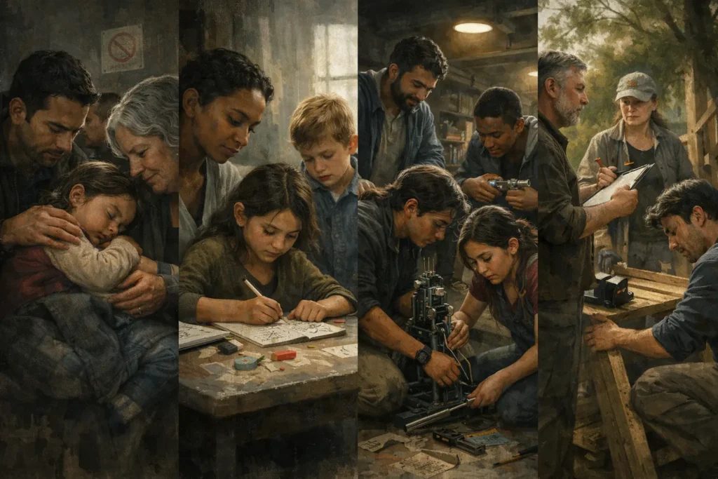A four-panel scene shows people caring for children, helping with drawing and tools, taking notes, and building together.