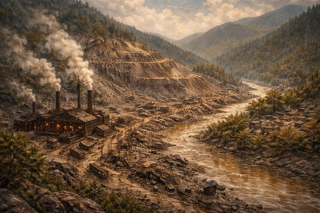 A smoking industrial site and terraced mine scar a rocky valley beside a polluted river.