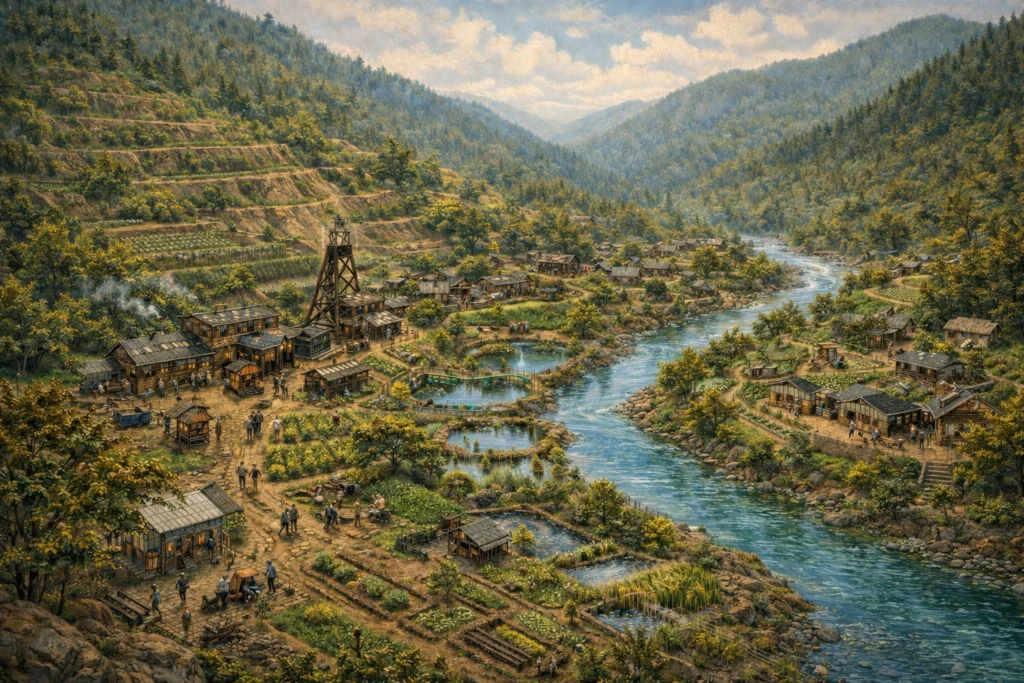 A river valley community integrates small-scale industry, farms, ponds, and homes into a green working landscape.