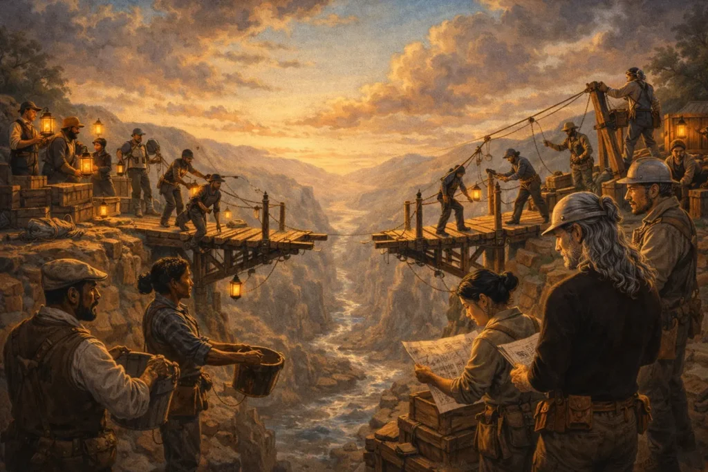 Workers on both sides of a canyon extend an unfinished bridge toward the center at sunset, lanterns glowing as they pass tools and timber.
