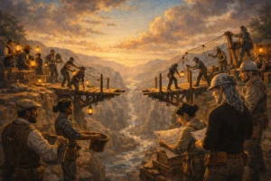 Workers on both sides of a canyon extend an unfinished bridge toward the center at sunset, lanterns glowing as they pass tools and timber.