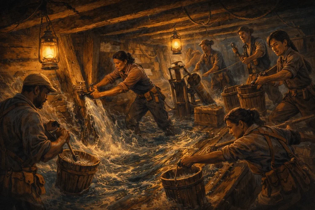 Crew members in a flooded ship hold work positions under lantern light as water rushes across the deck and a woman braces against a leaking pipe.