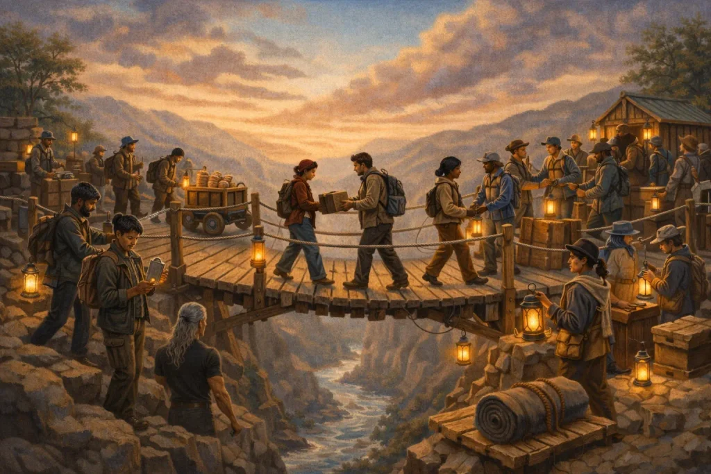 A diverse group of people crosses a completed wooden bridge at twilight, handing supplies from person to person while others move carts and lanterns across the span.