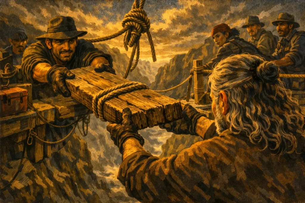 From behind a long-haired figure, workers on opposite sides of a canyon reach forward to pass a heavy timber plank across the gap.