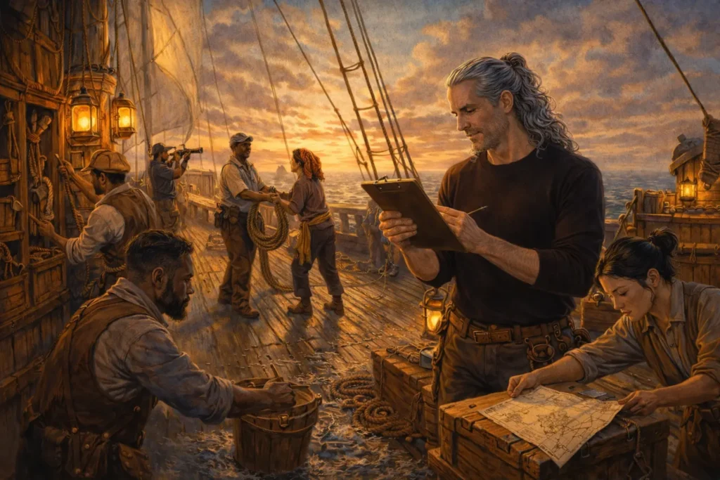 On a ship at sunset, a diverse crew works together well.