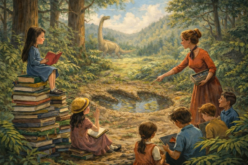A teacher and several children study dinosaur footprints in a forest clearing while a long-neck dinosaur stands in the background.