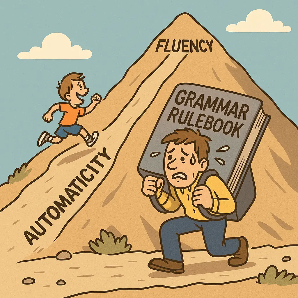 Cartoon of two paths up a mountain labeled ‘Automaticity’ and ‘Fluency.’ One child runs upward easily while another struggles under a giant backpack labeled ‘Grammar Rulebook.’