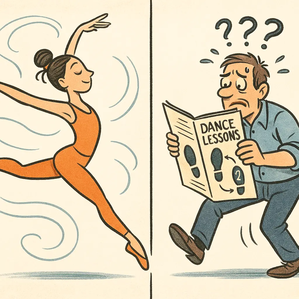 Split cartoon showing a dancer moving gracefully on the left and, on the right, a confused man trying to learn from a booklet labeled ‘Dance Lessons.’
