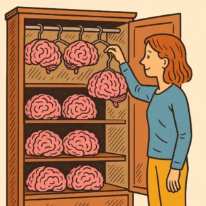 Woman opening a wardrobe filled with brains on hangers and shelves.