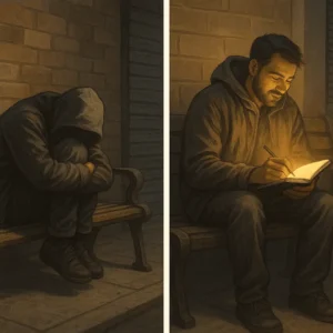 Split image of a hooded person slumped on a bench and the same person writing in a notebook.