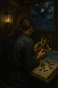 Person inside a dim cabin examining a sextant by lamplight.