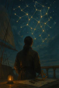 Person on a ship looking up at constellations drawn in glowing lines in the night sky.