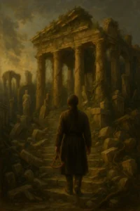 Person walking toward ancient ruined columns while holding a sextant.