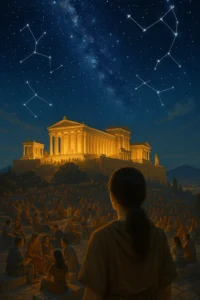 Person overlooking a large illuminated temple at night under a sky filled with constellations.