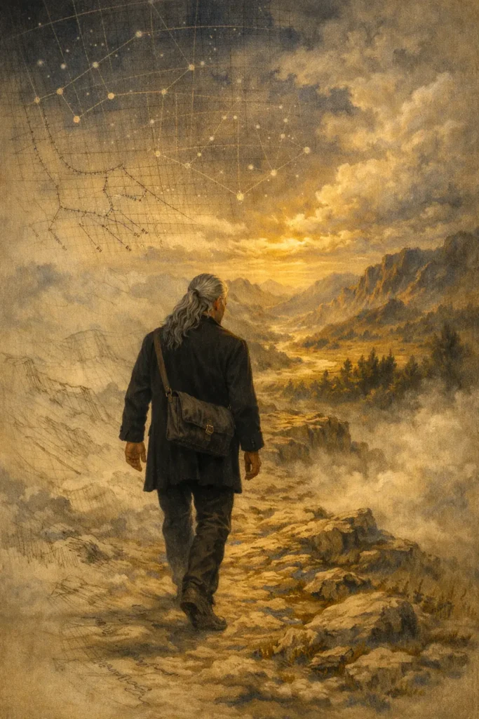 A lone figure with long silver hair walks down a rocky path through a golden mountain landscape, while the sky above is overlaid with faint constellation lines like an unfinished astronomical chart.