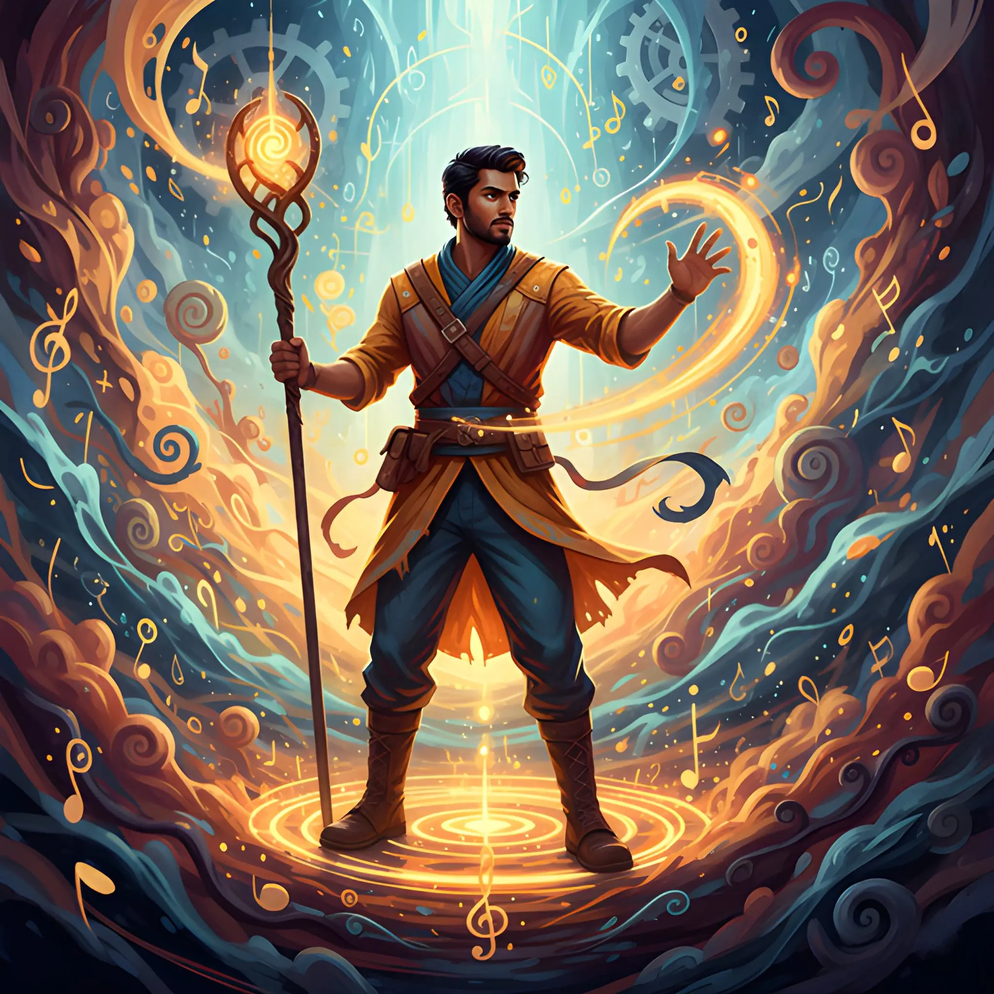 Person holding a glowing staff amid swirling symbols, gears, and flowing energy.
