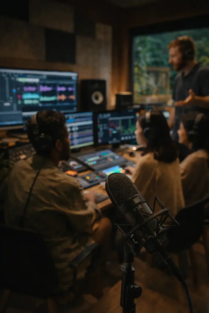 Microphone in the foreground with a small group working in an audio studio.