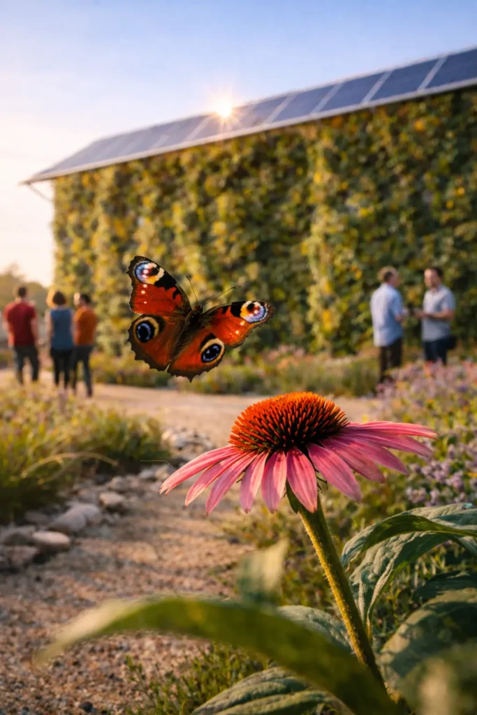 Butterfly hovering above a pink flower in front of a green wall topped with solar panels.
