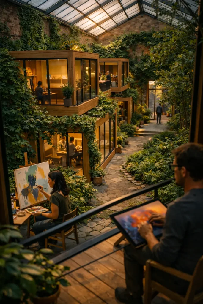 Indoor courtyard with stacked glass-fronted studios, abundant plants, and people working.