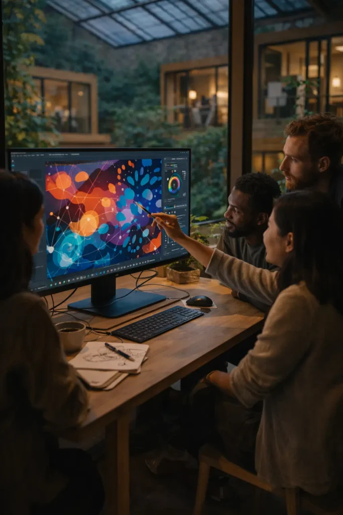 Small group gathered around a monitor discussing a colorful digital design.