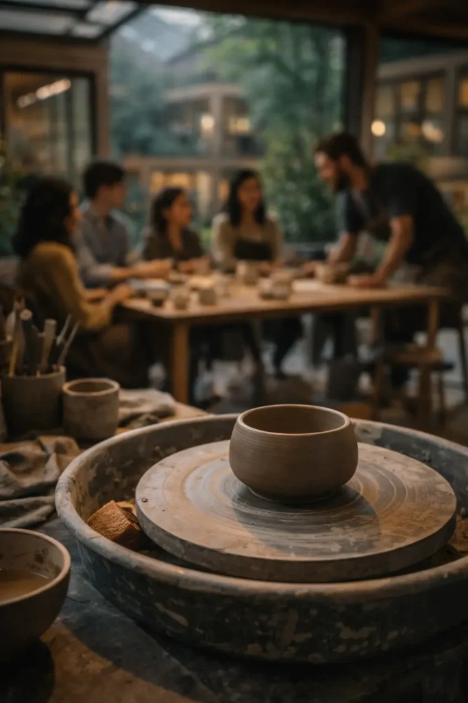 Clay bowl on a pottery wheel in the foreground with a small group meeting behind it.