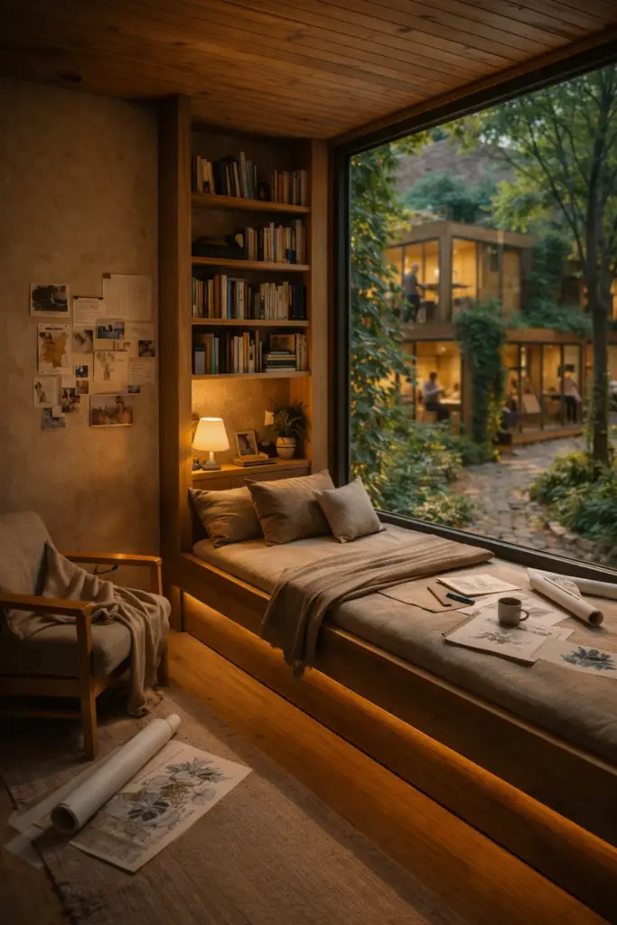 Built-in bed and bookshelf beside a large window overlooking a green courtyard with studio units.