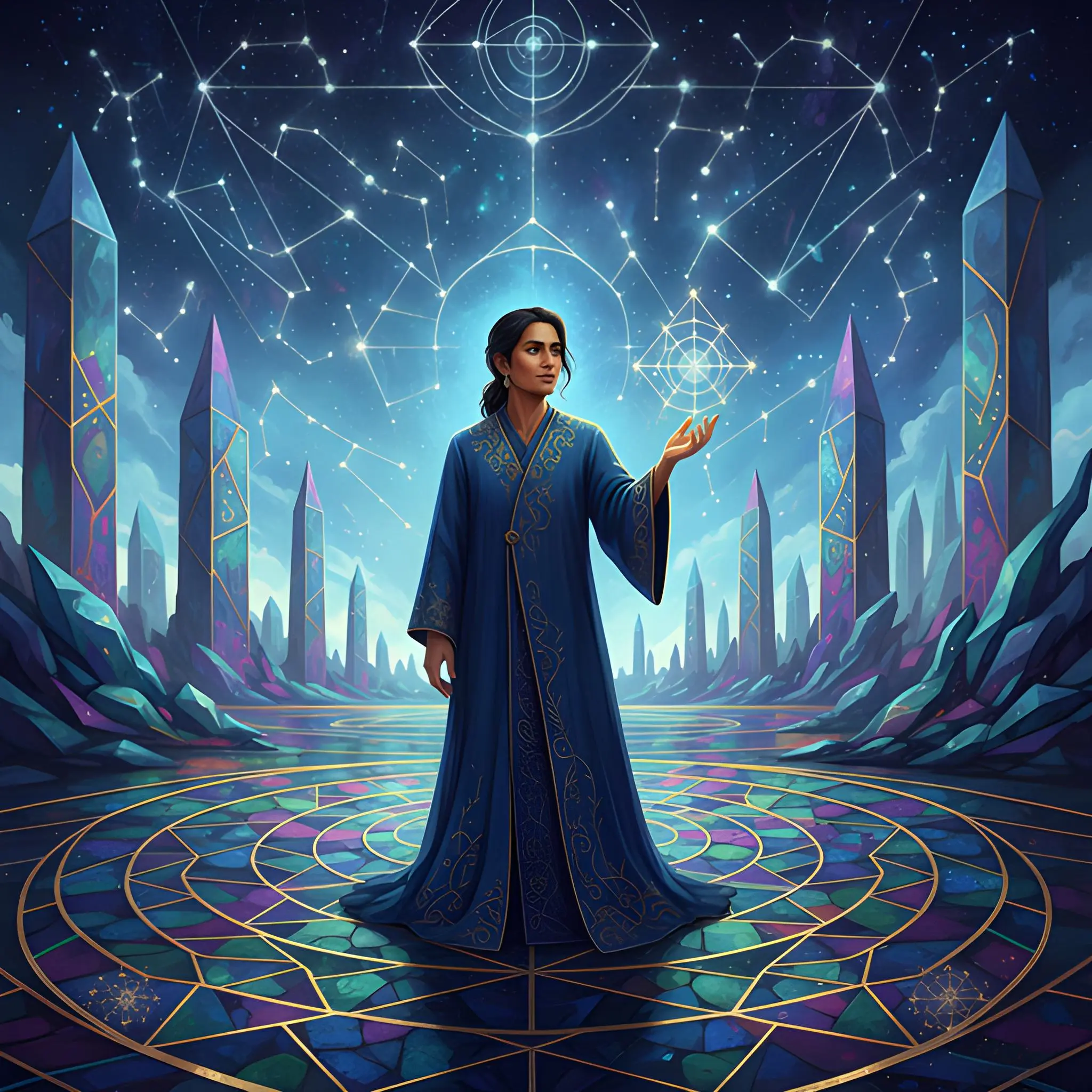 Person in a blue robe standing beneath constellations and geometric star patterns among crystal-like pillars.