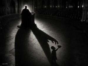 A robed figure addresses a packed audience from a grand lectern in a vaulted hall. A single bright light from behind illuminates the speaker in silhouette. Across the stone floor stretches a long shadow — but the shadow's shape is not that of a person. It is a grasping predatory claw, reaching toward a small ragged child holding out an empty bowl.